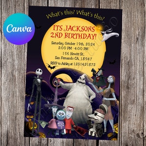 Invitación de Pesadilla antes de Navidad La fiesta de cumpleaños de Pesadilla antes de Navidad Invitación editable de Jack Skellington