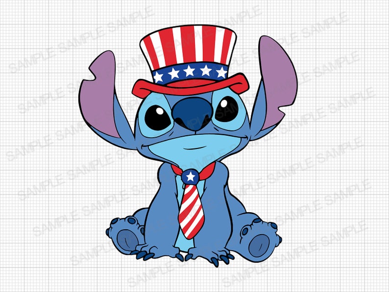 May include: A blue cartoon character wearing a red, white, and blue hat with stars and a red, white, and blue tie. The character has large ears and a friendly expression.