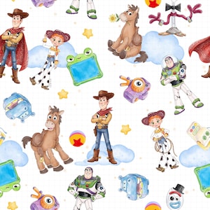 May include: A repeating pattern featuring watercolour illustrations of characters including a cowboy, a cowgirl, a space ranger, a brown horse, a blue hippo, a white spork with a black hat, a purple camera, a green square frame, and yellow stars.