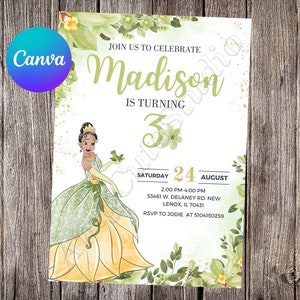 Invitación de Tiana Princesa Tiana Cumpleaños Fiesta de Tiana Tiana Acuarela Invitación editable Tiana Archivo imprimible