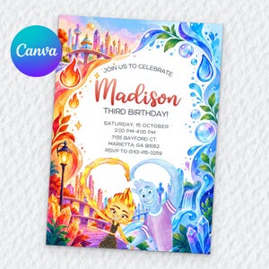 Puede incluir: Una tarjeta de invitación de cumpleaños con una colorida ilustración de personajes de fuego y agua formando un corazón. El texto dice: JOIN US TO CELEBRATE Madison THIRD BIRTHDAY! SATURDAY, 15 OCTOBER 2:00 PM-4:00 PM 7135 BAYFORD CT. MARIETTA, GA 90062 RSVP TO (510)-415-0259.