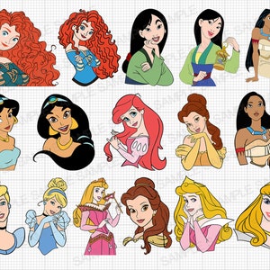 Bundle Princess SVG Princess Belle SVG Princess Ariel SVG Mulan Aurora Pocahontas Princess Jasmine Svg Merida Png