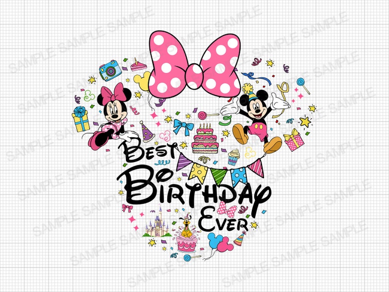 May include: A colorful graphic featuring Minnie and Mickey Mouse with a large pink polka-dot bow. The text reads "Best Birthday Ever" with birthday-themed illustrations like cake, gifts, and confetti. The design is perfect for birthday celebrations.