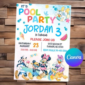 Invitación a la fiesta en la piscina de Mickey Mouse Cumpleaños de Minnie Mouse Fiesta de Mickey Mouse Invitación editable de Mickey Mouse