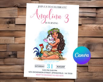 May include: A birthday invitation featuring a cartoon illustration of a girl with long brown hair wearing a flower crown and a brown dress. She is holding a small pig. The invitation says "Join us to celebrate! Angelina 3 is turning" and includes the date, time, and location of the party.