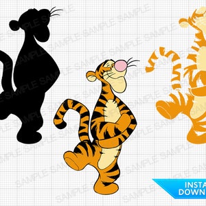 Könnte beinhalten: Ein schwarzer und orangefarbener Cartoon-Tiger mit einer rosa Nase und einem gestreiften Schwanz. Der Tiger steht auf seinen Hinterbeinen mit gekreuzten Armen vor sich. Der Tiger schaut nach rechts.
