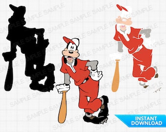 May include: A red and white baseball player silhouette with a baseball bat. The player is in a batting stance. The silhouette is in front of a white and gray grid background.