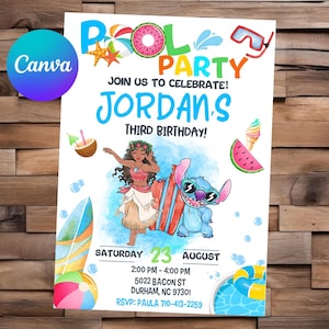 Stitch Pool Party-uitnodiging Moana verjaardag Stitch Party Moana bewerkbare uitnodiging Stitch digitaal bestand