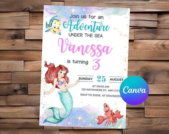 Little Mermaid Invitation Little Mermaid Birthday Little Mermaid Party Ariel Watercolor Editable Invitation Little Mermaid Printable File