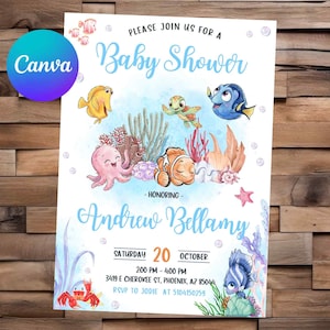 May include: Baby shower invitation featuring watercolor illustrations of sea creatures like fish, an octopus, and a turtle. The invitation includes the text "Baby Shower" and the name "Andrew Bellamy". The date and time are also included.
