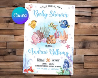 Finding Nemo Baby Shower Invitation, Editable Canva Template, Under The Sea Party, Dory Turtle Invite, Ocean Boy Digital Download