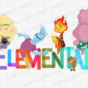 Può includere: Un'illustrazione colorata della parola "Elemental" con quattro personaggi dei cartoni animati che rappresentano gli elementi: aria, fuoco, acqua e terra. Il personaggio dell'aria è una nuvola gialla con un globo viola, il personaggio del fuoco è una fiamma rossa e arancione, il personaggio dell'acqua è un umanoide blu con una camicia viola, e il personaggio della terra è una nuvola rosa con una camicia verde.