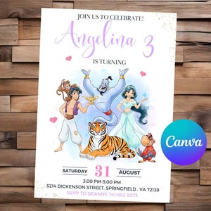 May include: A white invitation with the text "Join us to Celebrate! Angelina 3 is Turning." Features illustrations of Aladdin characters, including Aladdin, Jasmine, Genie, Abu, Iago, and Rajah. The date is August 31st.