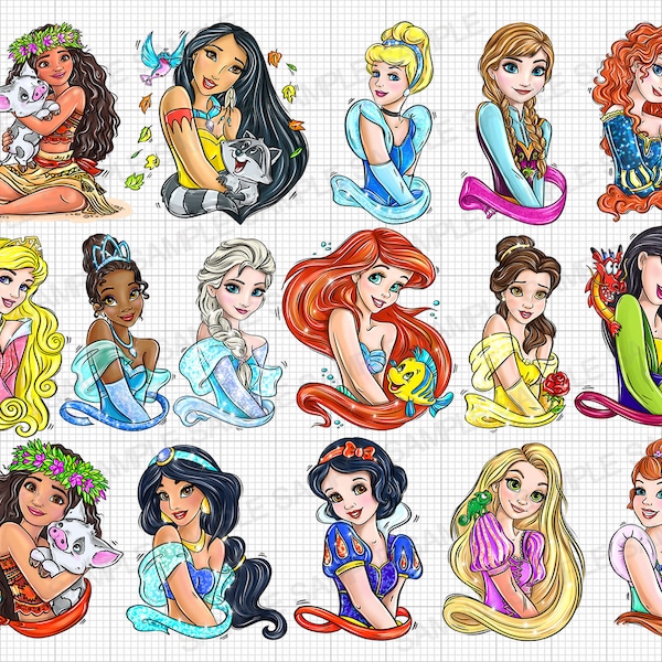 Bundle Princess PNG Frozen PNG Princess Belle PNG Moana Tiana Little Mermaid Ariel Png Princess Merida Png Jasmine Rapunzel Snow White Mulan