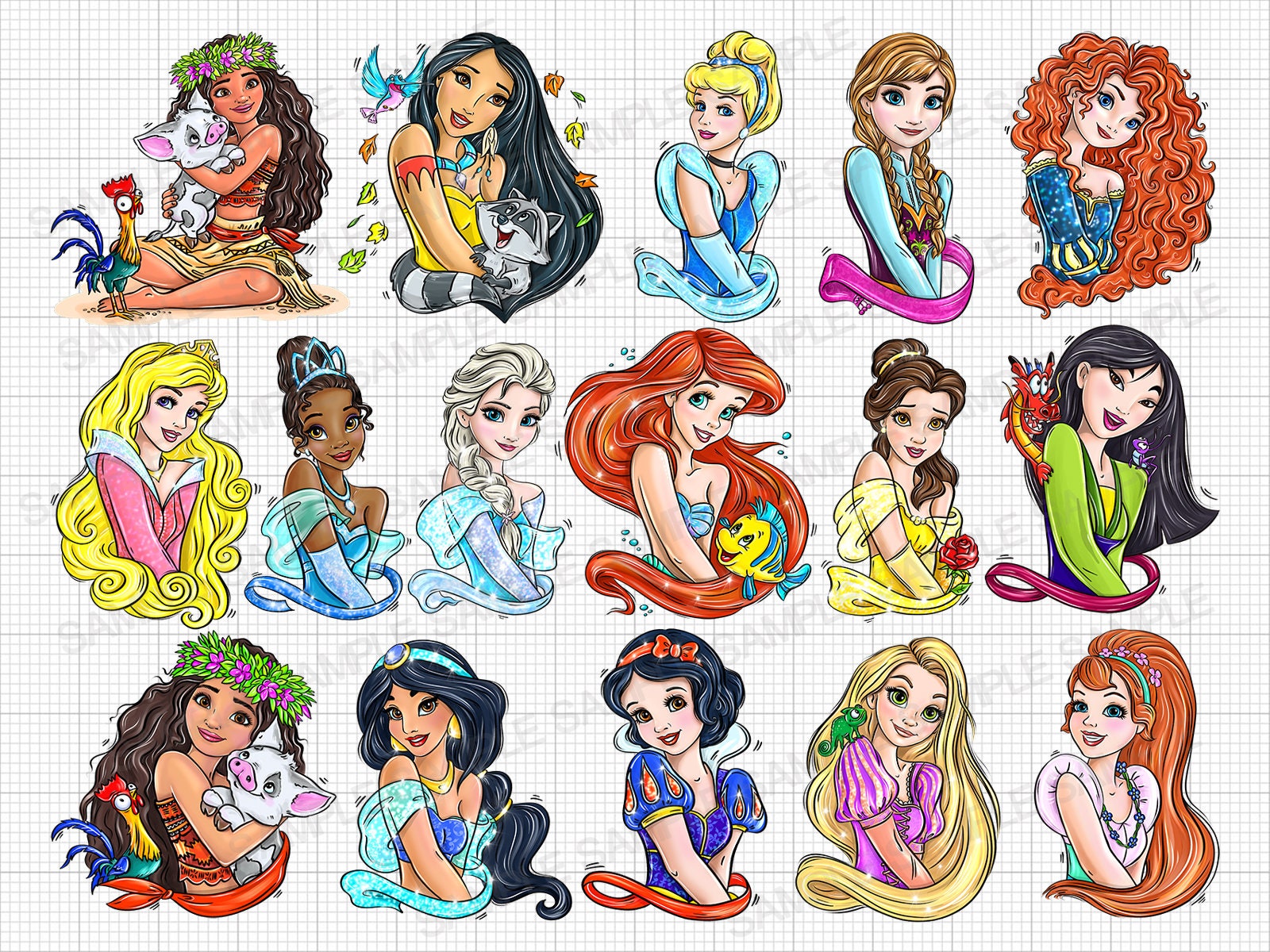 Bundle Princess PNG Frozen PNG Princess Belle PNG Moana Tiana Little Mermaid Ariel Png Princess Merida Png Jasmine Rapunzel Snow White Mulan