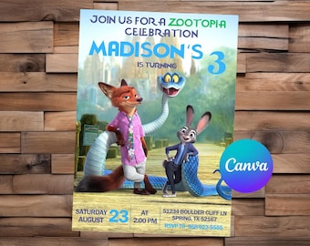 Zaproszenie do Zootopii, Urodziny Zootopii, Impreza Zootopia, Edytowalne zaproszenie Zootopia, Plik do druku cyfrowego Zootopia