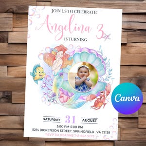Faire-part de la petite sirène Anniversaire de la petite sirène Fête de la petite sirène Invitation modifiable aquarelle Ariel Fichier imprimable de la petite sirène