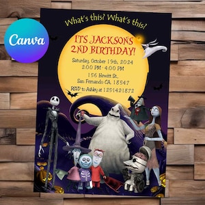 Invitación de Pesadilla antes de Navidad. Fiesta de cumpleaños de Pesadilla antes de Navidad. Invitación editable de Jack Skellington.