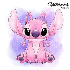 May include: A pink cartoon character with large ears, big eyes, and a purple nose, sitting on a watercolor background. The image includes the text "Watercolor Clipart" in a cursive font.