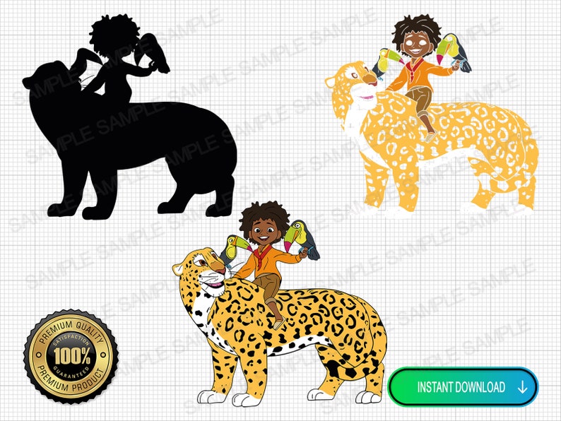 Puede incluir: Una imagen digital de clipart de un ni&ntilde;o de dibujos animados montando un jaguar. El ni&ntilde;o lleva una camisa roja y pantalones marrones. El jaguar es amarillo con manchas negras. El ni&ntilde;o lleva un tuc&aacute;n en cada mano. El fondo es un patr&oacute;n de cuadr&iacute;cula.