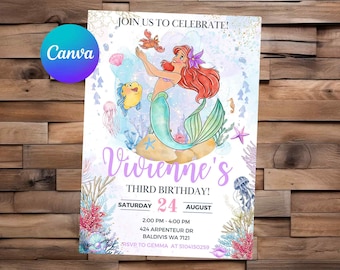 Little Mermaid Invitation Little Mermaid Birthday Little Mermaid Party Ariel Watercolor Editable Invitation Little Mermaid Printable File
