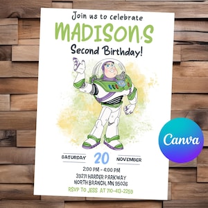 May include: A birthday invitation featuring a cartoon illustration of Buzz Lightyear from the Toy Story movie franchise. The invitation is for Madison's second birthday and includes the date, time, and location of the party. The text on the invitation reads "Join us to celebrate Madison's Second Birthday!" and "Saturday 20 November 2:00 PM - 4:00 PM 39271 Harder Parkway North Branch, MN 95026 RSVP to Jess at 710-413-2259".