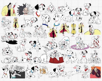 May include: A collection of illustrations featuring characters and scenes from the animated film "101 Dalmatians." The images include various poses of Dalmatian puppies, Cruella de Vil, and other related elements, all in a cartoon style.