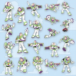 May include: A collection of Buzz Lightyear character illustrations in various action poses, featuring the white, green, and purple space ranger suit with a clear helmet, displayed against a light blue grid background with white cloud outlines.