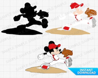May include: A cartoon illustration of Mickey Mouse dressed in a baseball uniform, pitching a baseball. He is wearing a red hat, white jersey, and white pants. He is standing on a brown dirt mound.