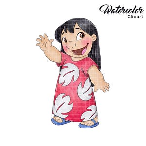 May include: A watercolor illustration of a cartoon girl with black hair wearing a red dress with white flowers. She is smiling and sticking her tongue out.