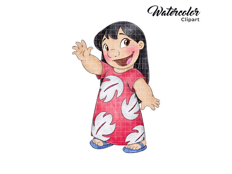 May include: A watercolor illustration of a cartoon girl with black hair wearing a red dress with white flowers. She is smiling and sticking her tongue out.