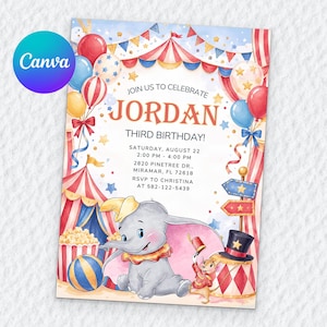 Könnte beinhalten: Eine Geburtstagseinladungskarte im Zirkus-Design mit einer Aquarellillustration eines grauen Elefanten und einer kleinen Maus. Der Text lautet: JOIN US TO CELEBRATE JORDAN THIRD BIRTHDAY! SATURDAY, AUGUST 22, 2:00 PM - 4:00 PM, 2820 PINETREE DR., MIRAMAR, FL 72618, RSVP TO CHRISTINA AT 582-122-5439.