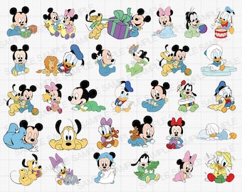 May include: A set of 36 cartoon character illustrations featuring Mickey Mouse, Minnie Mouse, Donald Duck, Goofy, and Pluto. The characters are depicted in various poses and activities, such as playing with toys, holding a book, and sitting on a cloud. The illustrations are in a cartoon style and are suitable for use in a variety of projects, such as scrapbooking, card making, and digital design.