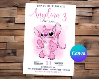 Zaproszenie na urodziny Stitch Angel Zaproszenie na imprezę Stitch Angel Zaproszenie akwarelowe Stitch Edytowalne zaproszenie