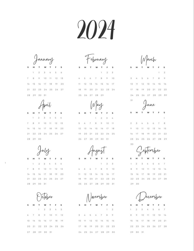 2024 Yearly Calendar, Digital Calendar, Printable Calendar, Instant