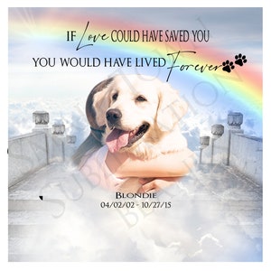 May include: A white dog with a rainbow behind it. The text reads "IF love COULD HAVE SAVED YOU YOU WOULD HAVE LIVED Forever" and "BLONDIE 04/02/02 - 10/27/15".