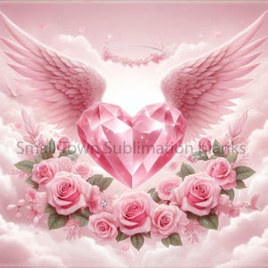 May include: A pink heart-shaped diamond with wings and a halo of pink flowers, surrounded by pink roses and clouds.