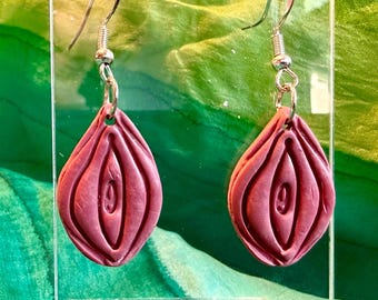 May include: A pair of drop earrings featuring sculpted, teardrop-shaped pendants in a muted mauve-pink color. Each pendant has a textured, layered organic form with a central vertical slit. The pendants hang from silver-toned metal fishhook wires.
