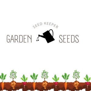 May include: Illustration of a garden with a watering can pouring seeds into the soil. The text "SEED KEEPER GARDEN SEEDS" is above the garden. The garden has carrots, radishes, and potatoes growing in the soil.