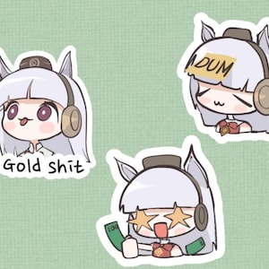 May include: Three cartoon stickers featuring a character with white hair, headphones, and a horse-like appearance. One sticker says "Gold shit", another says "DUM", and the third shows the character with money. The stickers are on a green background.