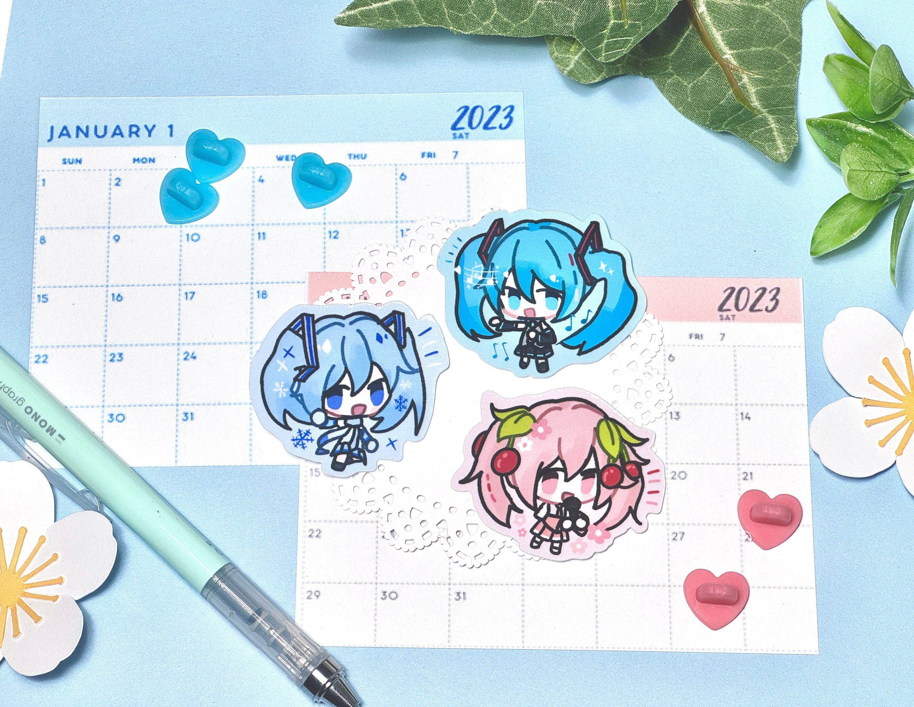 mini miku stickers! || hatsune miku vocaloid stickers also with sakura miku, yuki/snow miku and paper backing!