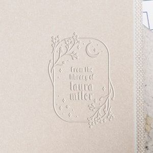 Moon Embosser Book Stamp Personalized From the library of Ex Libris This book belongs to Book lover gift Wood and Self ink stamper image 1