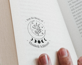 Flower Moon Personalized Book Stamp | Embosser | From the library of Ex Libris | This book belongs to | Book lover gift Self ink Wood handle