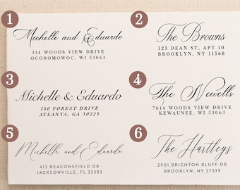 May include: Six different return address label designs with a choice of calligraphy styles and names. The designs are numbered 1 through 6.  The names include Michelle and Eduardo, The Browns, Michelle & Eduardo, The Newells, Michelle and Eduardo, and The Hartleys.