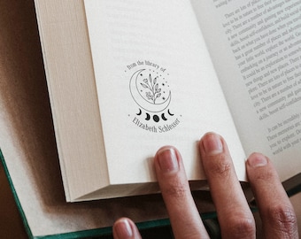 Flower Moon Personalized Book Stamp | Embosser | From the library of Ex Libris | This book belongs to | Book lover gift Self ink Wood handle