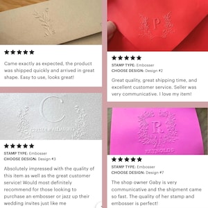 May include: A collection of four embossed paper samples featuring custom monograms and floral wreath designs. The samples include a tan envelope with initials, a red envelope with a letter P, a white card with a C, and a pink card with an R.