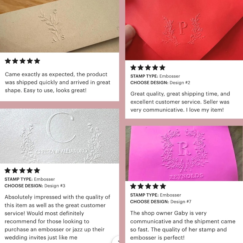 May include: A collection of four embossed paper samples featuring custom monograms and floral wreath designs. The samples include a tan envelope with initials, a red envelope with a letter P, a white card with a C, and a pink card with an R.