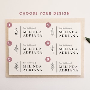 May include: Six different designs for a bookplate featuring a simple line drawing of a sprig of leaves and the text "from the library of Melinda Adriana".