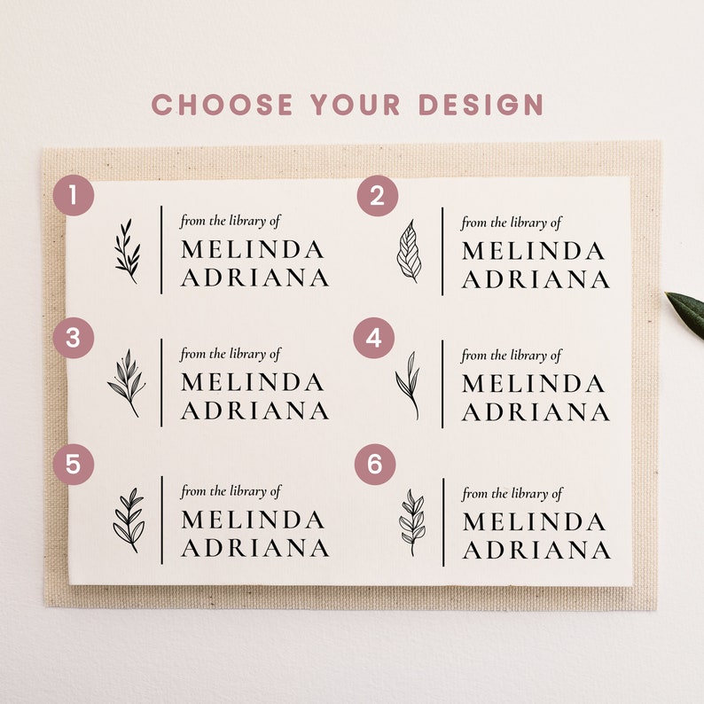 May include: Six different designs for a bookplate featuring a simple line drawing of a sprig of leaves and the text "from the library of Melinda Adriana".