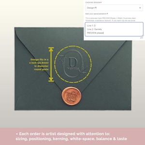 May include: A dark green envelope featuring a circular embossed design with the letter D and the name Daniels inside an oval frame. A copper-colored wax seal with a rose motif is at the bottom. The design fits in a 2 inch diameter round plate.